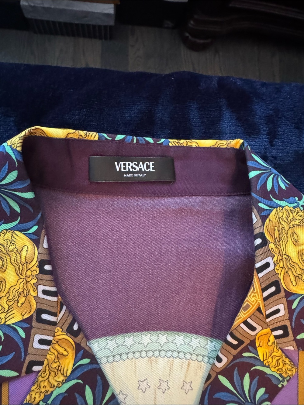 Versace Purple silky shirt with Yellow and Teal Baroque Print